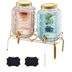 VEVOR Beverage Dispenser, 2 Pack 2 Gallon Drink Dispensers for Parties, Glass Juice Dispenser with Metal Stand, Stainless Steel Spigot, Infuser, Iced Tea Lemonade Juice Water Dispensers for Parties