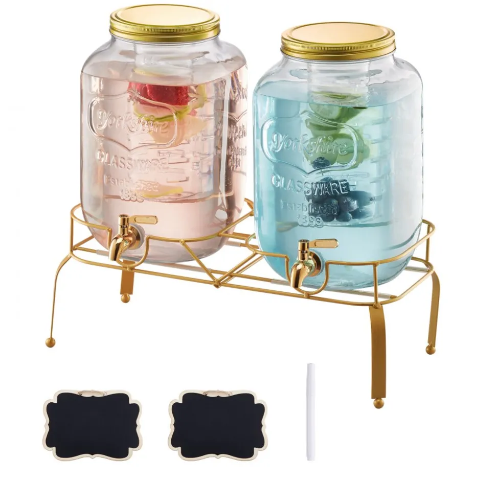 VEVOR Beverage Dispenser, 2 Pack 2 Gallon Drink Dispensers for Parties, Glass Juice Dispenser with Metal Stand, Stainless Steel Spigot, Infuser, Iced Tea Lemonade Juice Water Dispensers for Parties