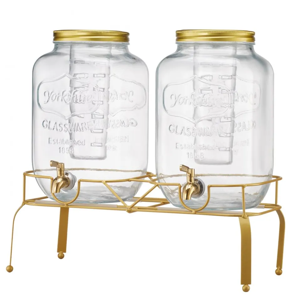 VEVOR Beverage Dispenser, 2 Pack 2 Gallon Drink Dispensers for Parties, Glass Juice Dispenser with Metal Stand, Stainless Steel Spigot, Infuser, Iced Tea Lemonade Juice Water Dispensers for Parties