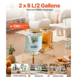 VEVOR Beverage Dispenser, 2 Pack 2 Gallon Drink Dispensers for Parties, Glass Juice Dispenser with Metal Stand, Stainless Steel Spigot, Infuser, Iced Tea Lemonade Juice Water Dispensers for Parties