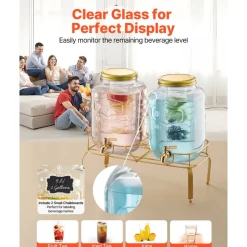 VEVOR Beverage Dispenser, 2 Pack 2 Gallon Drink Dispensers for Parties, Glass Juice Dispenser with Metal Stand, Stainless Steel Spigot, Infuser, Iced Tea Lemonade Juice Water Dispensers for Parties