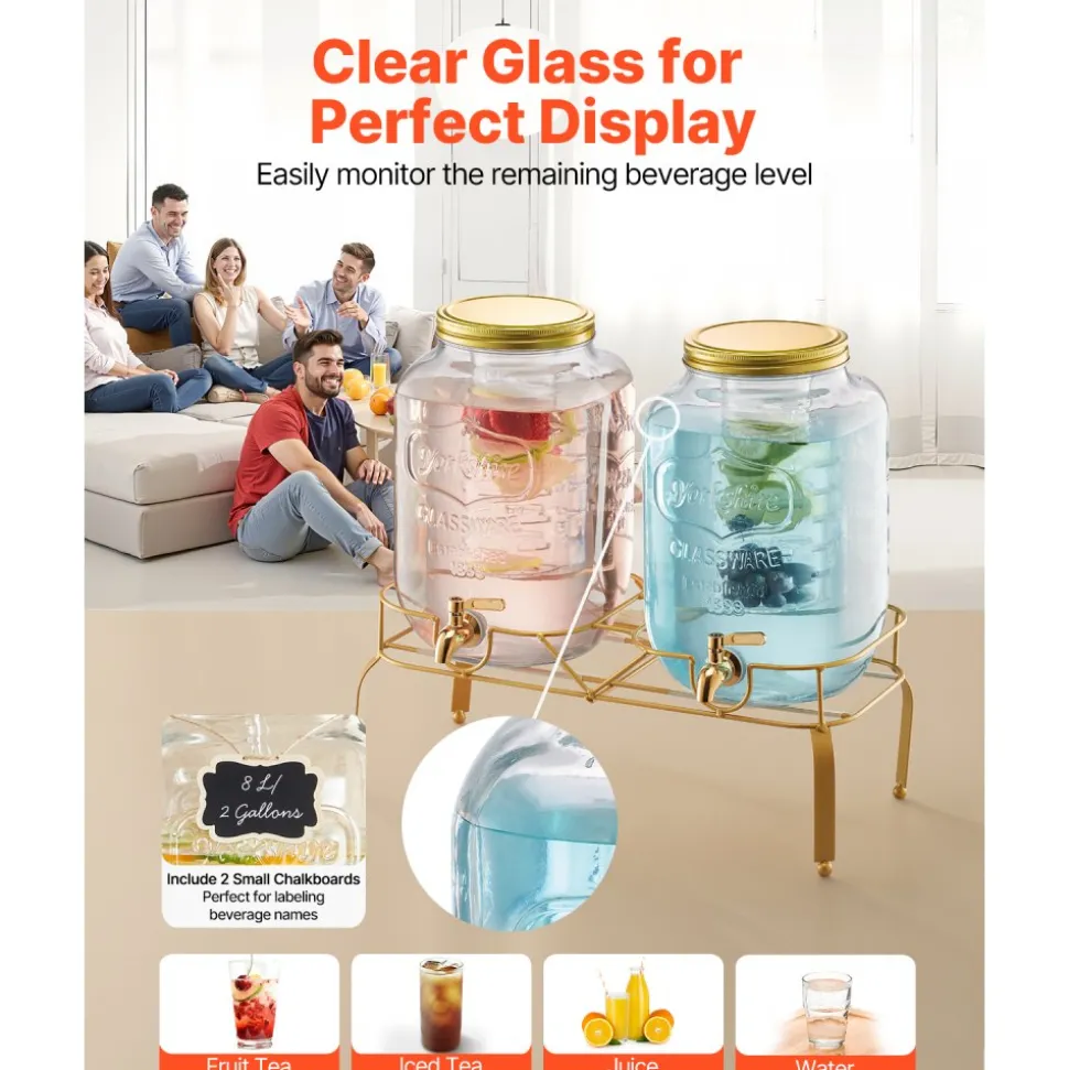 VEVOR Beverage Dispenser, 2 Pack 2 Gallon Drink Dispensers for Parties, Glass Juice Dispenser with Metal Stand, Stainless Steel Spigot, Infuser, Iced Tea Lemonade Juice Water Dispensers for Parties