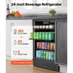 VEVOR Beverage Refrigerator, 24 Inch Under Counter Drink Fridge, Black, Hold 180 Cans, 5.0 Cu. Ft, Built-in / Freestand Cooler, Powerful Quiet Cooling System, 3 Shelves, Home Kitchen & Bar