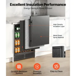 VEVOR Beverage Refrigerator, 24 Inch Under Counter Drink Fridge, Black, Hold 180 Cans, 5.0 Cu. Ft, Built-in / Freestand Cooler, Powerful Quiet Cooling System, 3 Shelves, Home Kitchen & Bar