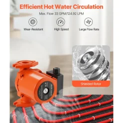 VEVOR 0011-BF4-J Cast Iron Circulator Pump, 33 GPM, AC 120V 33 ft Hot Water Recirculating Circulation Pump, 1-1/4 in Flange Connection, 3-Speed Adjustment, Quiet Operation, for Home Heating System