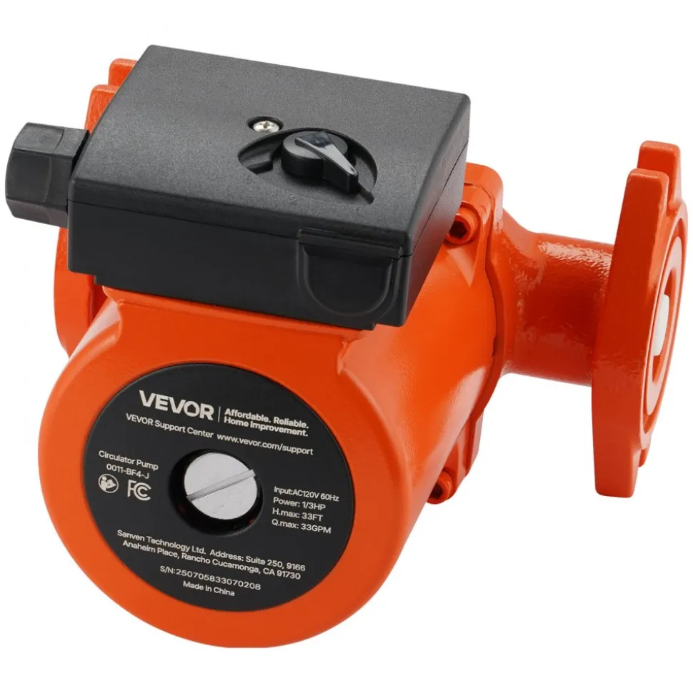 VEVOR 0011-BF4-J Cast Iron Circulator Pump, 33 GPM, AC 120V 33 ft Hot Water Recirculating Circulation Pump, 1-1/4 in Flange Connection, 3-Speed Adjustment, Quiet Operation, for Home Heating System