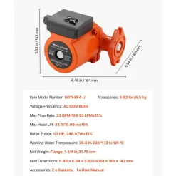 VEVOR 0011-BF4-J Cast Iron Circulator Pump, 33 GPM, AC 120V 33 ft Hot Water Recirculating Circulation Pump, 1-1/4 in Flange Connection, 3-Speed Adjustment, Quiet Operation, for Home Heating System