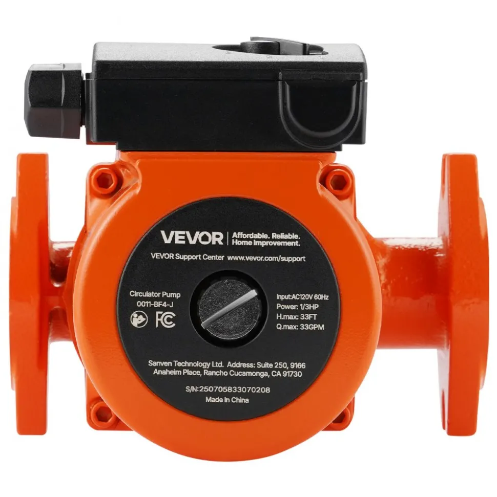VEVOR 0011-BF4-J Cast Iron Circulator Pump, 33 GPM, AC 120V 33 ft Hot Water Recirculating Circulation Pump, 1-1/4 in Flange Connection, 3-Speed Adjustment, Quiet Operation, for Home Heating System