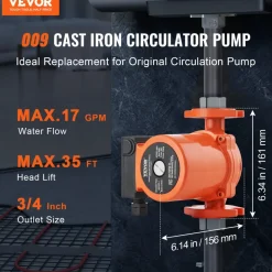 VEVOR 009-BF5-J Hot Water Recirculating Pump, 110V, 180W 10 GPM Hot Water Circulation Pump, 3/4" NPT Flange 3-Speed Circulator Pump, Quiet Operation Circulator Pump for Home Water Heater System