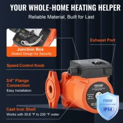 VEVOR 009-BF5-J Hot Water Recirculating Pump, 110V, 180W 10 GPM Hot Water Circulation Pump, 3/4