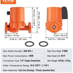 VEVOR 009-BF5-J Hot Water Recirculating Pump, 110V, 180W 10 GPM Hot Water Circulation Pump, 3/4