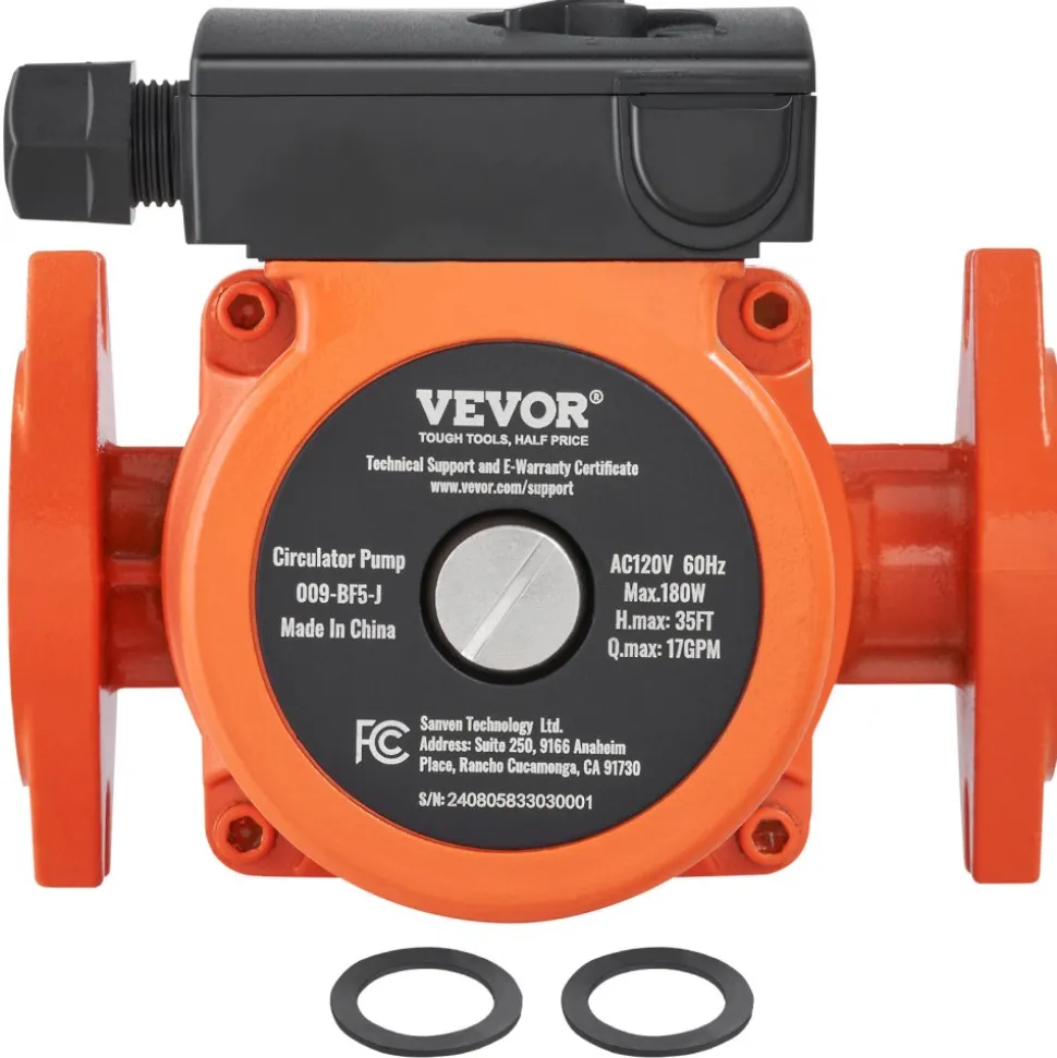 VEVOR 009-BF5-J Hot Water Recirculating Pump, 110V, 180W 10 GPM Hot Water Circulation Pump, 3/4" NPT Flange 3-Speed Circulator Pump, Quiet Operation Circulator Pump for Home Water Heater System