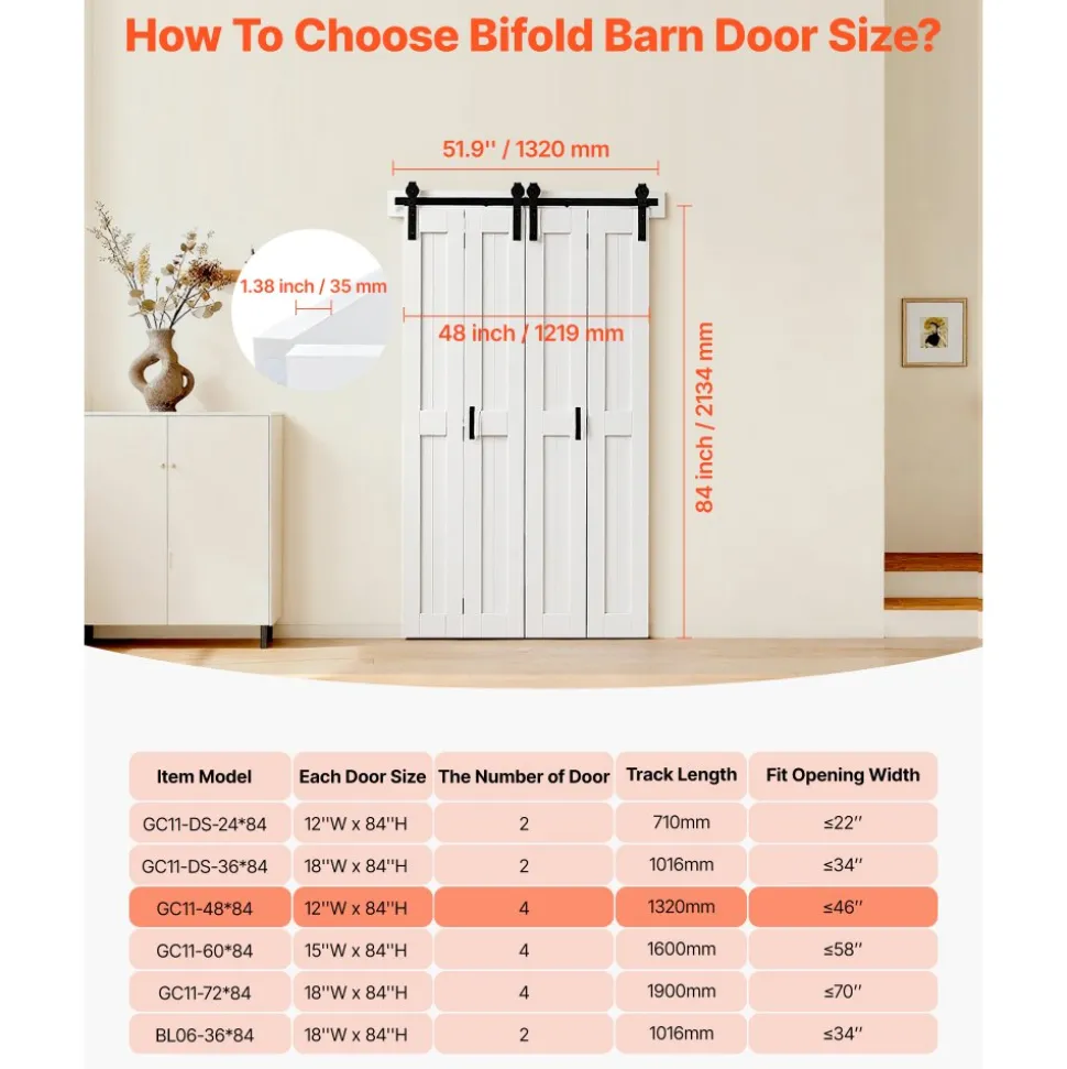VEVOR Bifold Barn Door, 48" x 84", MDF Bi-Fold Sliding Closet Doors, Hardware Kit Included, H-Frame Space-Saving Design, Pre-Assembled Panels for Bedroom, Living Room, Wardrobe and Room Divider, White