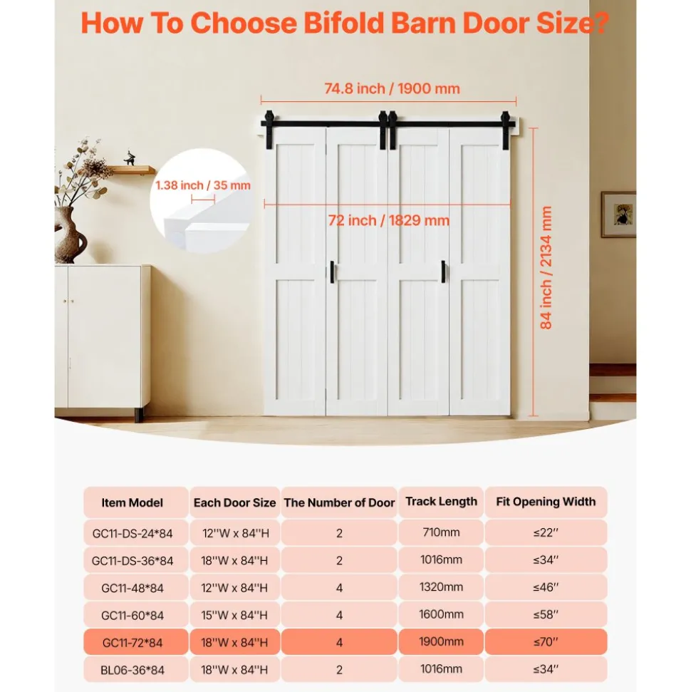 VEVOR Bifold Barn Door, 72" x 84", MDF Bi-Fold Sliding Closet Doors, Hardware Kit Included, H-Frame Space-Saving Design, Pre-Assembled Panels for Bedroom, Living Room, Wardrobe and Room Divider, White