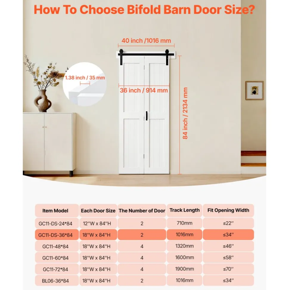 VEVOR Bifold Barn Door, 36" x 84", MDF Bi-Fold Sliding Closet Doors, Hardware Kit Included, H-Frame Space-Saving Design, Need to Assemble, for Bedroom, Living Room, Wardrobe and Room Divider, White