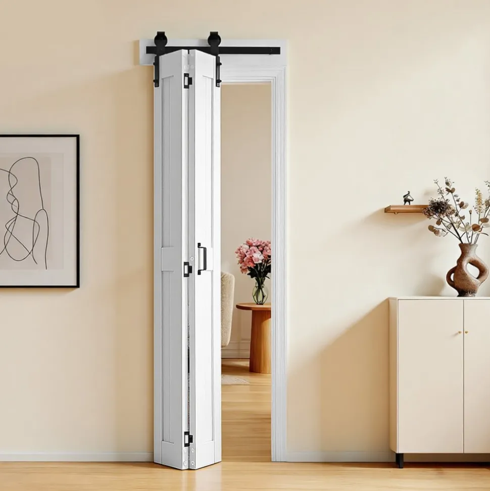 VEVOR Bifold Barn Door, 24" x 84", MDF Bi-Fold Sliding Closet Doors, Hardware Kit Included, H-Frame Space-Saving Design, Need to Assemble, for Bedroom, Living Room, Wardrobe and Room Divider, White