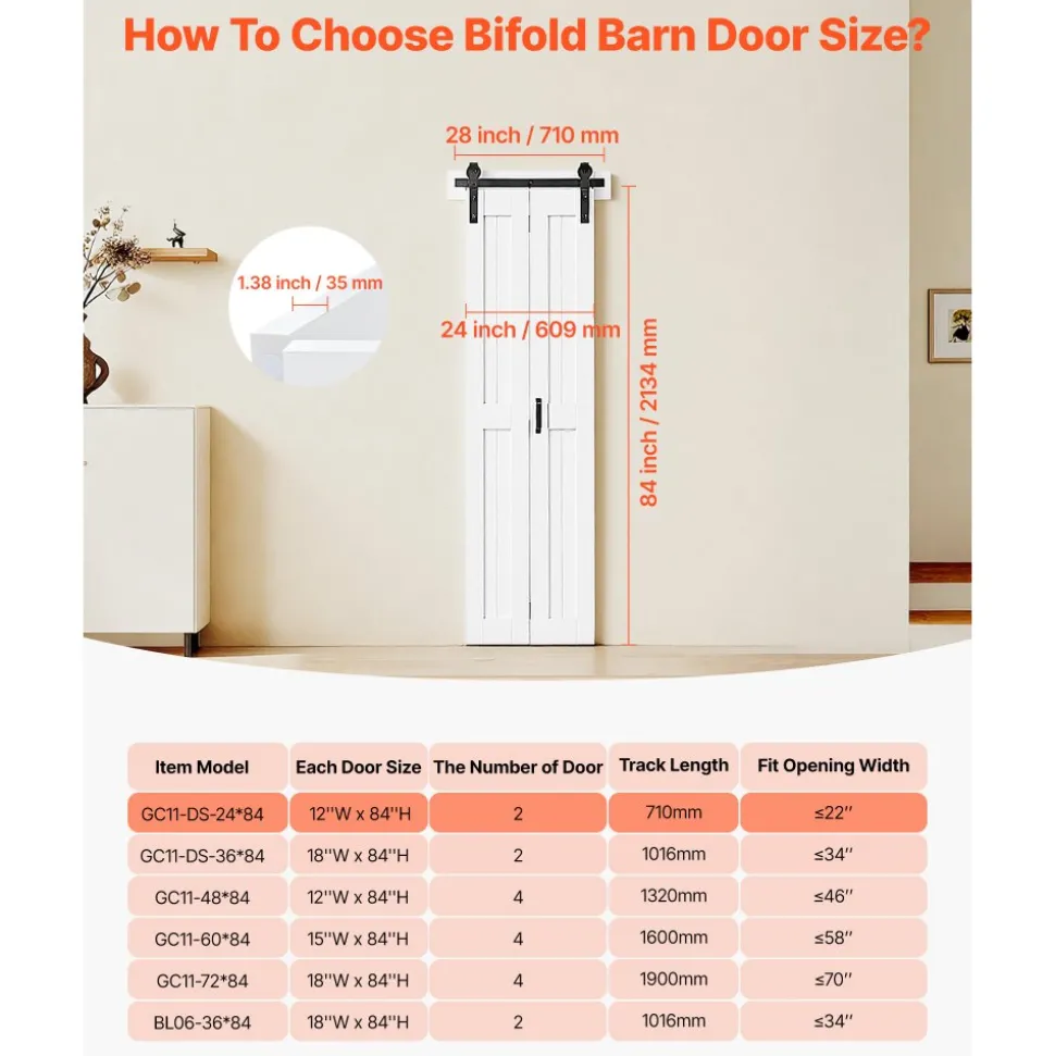 VEVOR Bifold Barn Door, 24" x 84", MDF Bi-Fold Sliding Closet Doors, Hardware Kit Included, H-Frame Space-Saving Design, Need to Assemble, for Bedroom, Living Room, Wardrobe and Room Divider, White