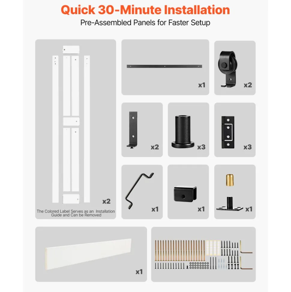 VEVOR Bifold Barn Door, 24" x 84", MDF Bi-Fold Sliding Closet Doors, Hardware Kit Included, H-Frame Space-Saving Design, Need to Assemble, for Bedroom, Living Room, Wardrobe and Room Divider, White