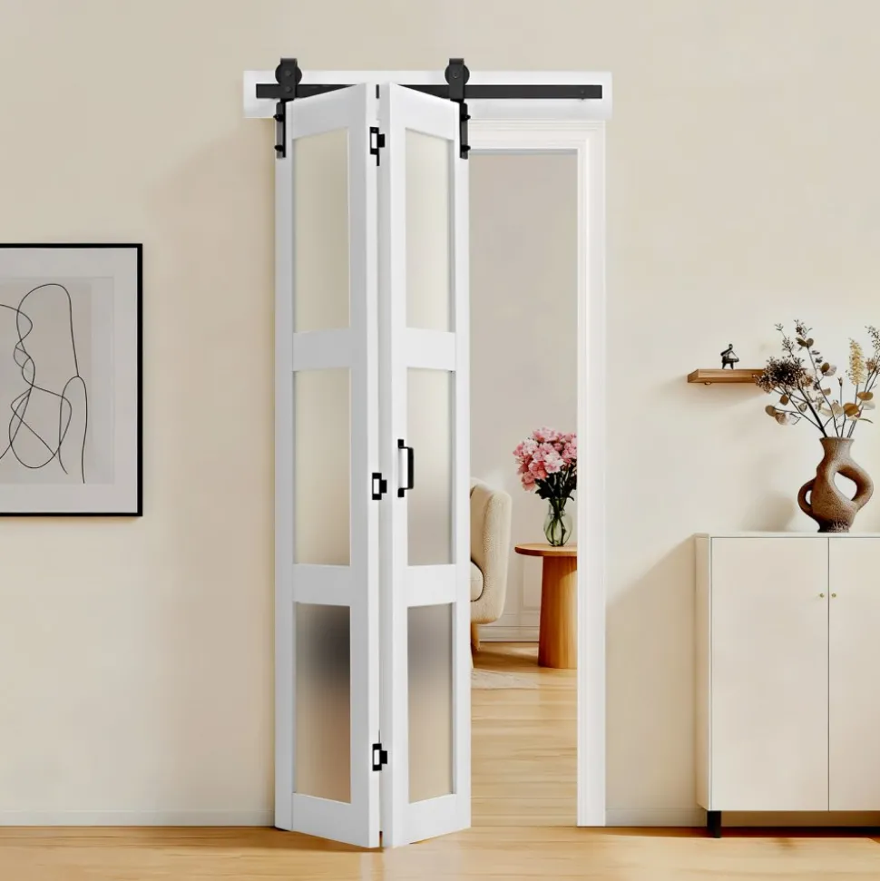 VEVOR Bifold Barn Door, 36" x 84", MDF with Tempered Glass Bi-Fold Sliding Closet Doors, Hardware Kit Included, Space-Saving Design, Pre-Assembled Panels for Bedroom, Living Room, Wardrobe, White