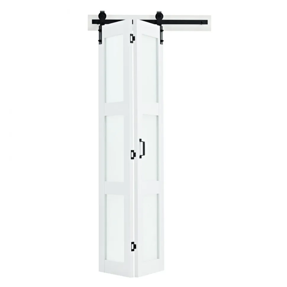 VEVOR Bifold Barn Door, 36" x 84", MDF with Tempered Glass Bi-Fold Sliding Closet Doors, Hardware Kit Included, Space-Saving Design, Pre-Assembled Panels for Bedroom, Living Room, Wardrobe, White