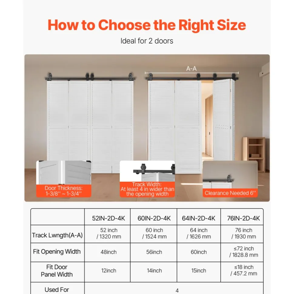VEVOR Bi-Folding Sliding Barn Door Hardware Track Kit, 52" Top Mount Track Kit, Slide Smoothly & Quietly, Heavy Duty, Easy to Install, Suitable for Two 24" Closet Pantry Laundry Doors (Not Included)