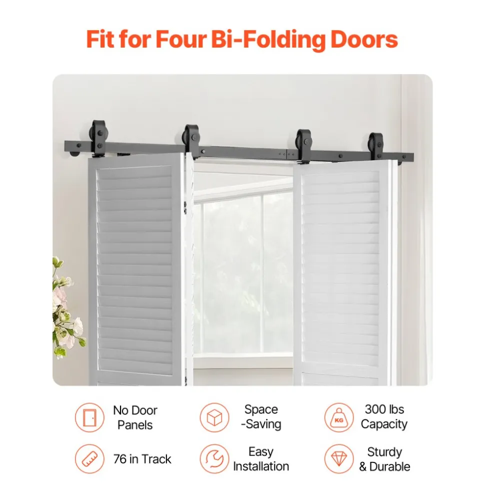 VEVOR Bi-Folding Sliding Barn Door Hardware Track Kit, 52" Top Mount Track Kit, Slide Smoothly & Quietly, Heavy Duty, Easy to Install, Suitable for Two 24" Closet Pantry Laundry Doors (Not Included)