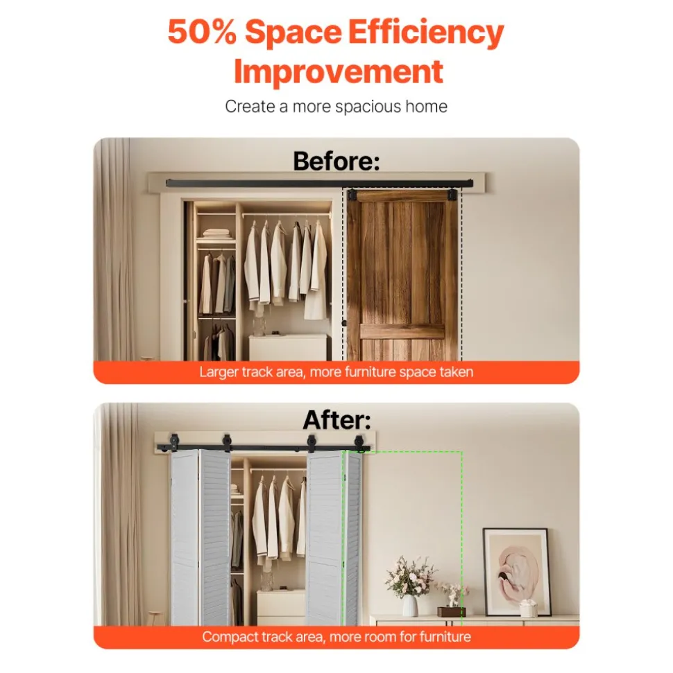 VEVOR Bi-Folding Sliding Barn Door Hardware Track Kit, 52" Top Mount Track Kit, Slide Smoothly & Quietly, Heavy Duty, Easy to Install, Suitable for Two 24" Closet Pantry Laundry Doors (Not Included)