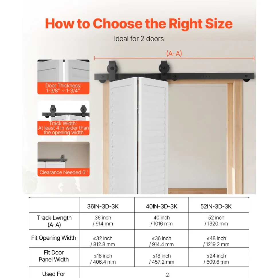 VEVOR Bi-Folding Sliding Barn Door Hardware Track Kit, 40" Top Mount Track Kit, Slide Smoothly & Quietly, Heavy Duty, Easy to Install, Suitable for Two 18" Closet Pantry Laundry Doors (Not Included)