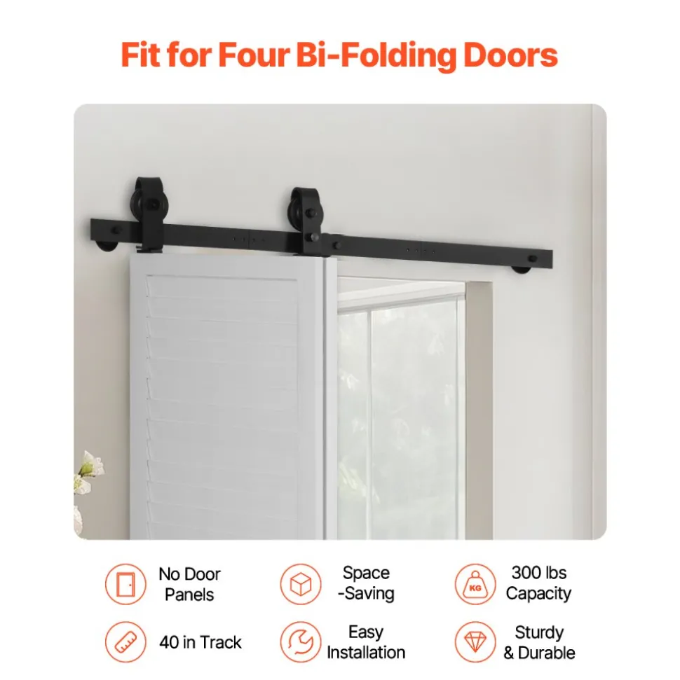 VEVOR Bi-Folding Sliding Barn Door Hardware Track Kit, 40" Top Mount Track Kit, Slide Smoothly & Quietly, Heavy Duty, Easy to Install, Suitable for Two 18" Closet Pantry Laundry Doors (Not Included)