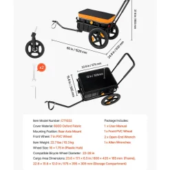 VEVOR Bike Cargo Trailer 100 lbs 2-in-1 Pushcart Heavy-Duty Bicycle Wagon, Cart with Waterproof Cover, 7 in & 16 in Wheels, Reflector, Carbon Steel Frame, Fits 22-28 in Bike Wheels, for Carrying Cargo