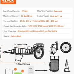 VEVOR Bike Cargo Trailer, 70 lbs Load Capacity, Heavy-Duty Bicycle Wagon Cart, Compact Storage & Quick Release Structure with Universal Hitch, 20" Wheels, Fits Most Bike Wheels, Carbon Steel Frame