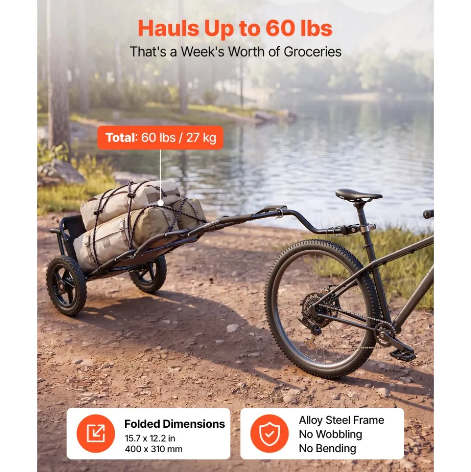 VEVOR Bike Cargo Trailer 60 lbs Load 3-in-1 Bicycle Wagon Cart Folding, Backpack/Trailer/Pushcart Mode with 12-Inch Wheels, Foldable Carbon Steel Frame, Fits 22-28 in Bike Wheels, for Carrying Cargo