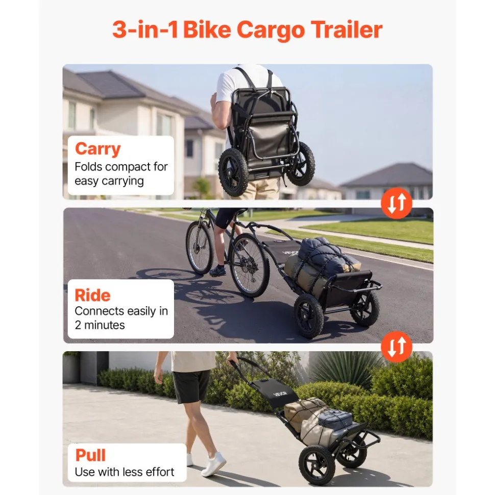 VEVOR Bike Cargo Trailer 60 lbs Load 3-in-1 Bicycle Wagon Cart Folding, Backpack/Trailer/Pushcart Mode with 12-Inch Wheels, Foldable Carbon Steel Frame, Fits 22-28 in Bike Wheels, for Carrying Cargo