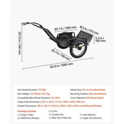 VEVOR Bike Cargo Trailer 320 lbs Load Heavy-Duty Bicycle Game Cart Foldable, All-Purpose Utility Trailer with 16-Inch Wheels for Any Terrain, Off-Road, Carbon Steel Frame, Fits 22-28 in Bike Wheels