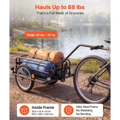 VEVOR Bike Cargo Trailer 88 lbs Load 2-in-1 Pushcart Folding Bicycle Wagon, Heavy-Duty Cart with 16-Inch Wheels, Reflectors, Carbon Steel Frame, Foldable Compact Storage, Fits 22-28 in Bike Wheels