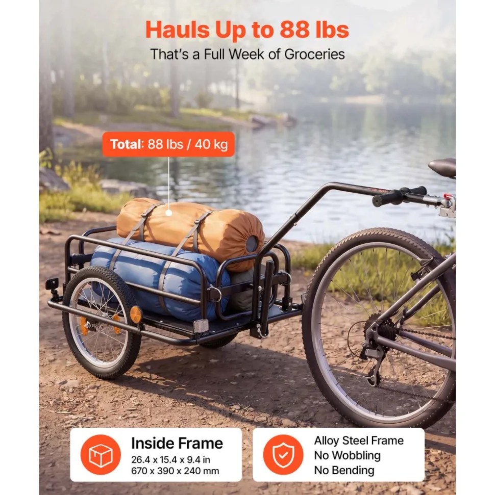 VEVOR Bike Cargo Trailer 88 lbs Load 2-in-1 Pushcart Folding Bicycle Wagon, Heavy-Duty Cart with 16-Inch Wheels, Reflectors, Carbon Steel Frame, Foldable Compact Storage, Fits 22-28 in Bike Wheels