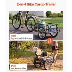 VEVOR Bike Cargo Trailer 88 lbs Load 2-in-1 Pushcart Folding Bicycle Wagon, Heavy-Duty Cart with 16-Inch Wheels, Reflectors, Carbon Steel Frame, Foldable Compact Storage, Fits 22-28 in Bike Wheels