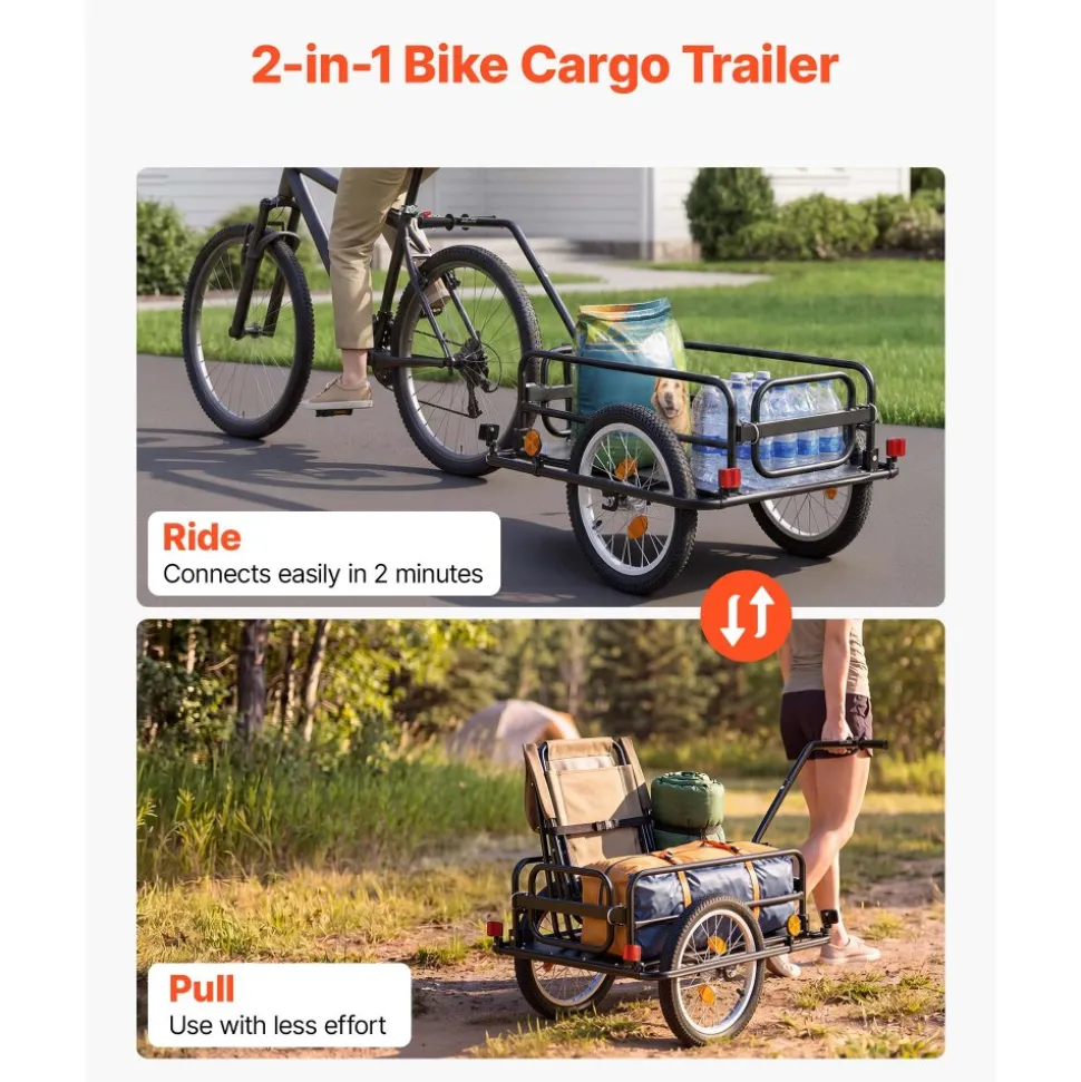 VEVOR Bike Cargo Trailer 88 lbs Load 2-in-1 Pushcart Folding Bicycle Wagon, Heavy-Duty Cart with 16-Inch Wheels, Reflectors, Carbon Steel Frame, Foldable Compact Storage, Fits 22-28 in Bike Wheels