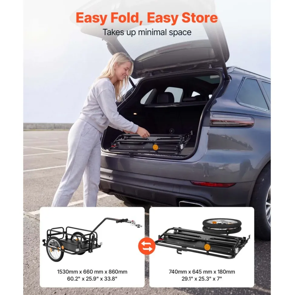 VEVOR Bike Cargo Trailer 88 lbs Load 2-in-1 Pushcart Folding Bicycle Wagon, Heavy-Duty Cart with 16-Inch Wheels, Reflectors, Carbon Steel Frame, Foldable Compact Storage, Fits 22-28 in Bike Wheels