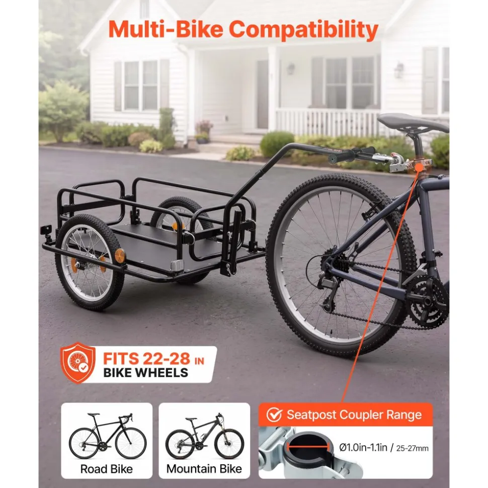 VEVOR Bike Cargo Trailer 88 lbs Load 2-in-1 Pushcart Folding Bicycle Wagon, Heavy-Duty Cart with 16-Inch Wheels, Reflectors, Carbon Steel Frame, Foldable Compact Storage, Fits 22-28 in Bike Wheels