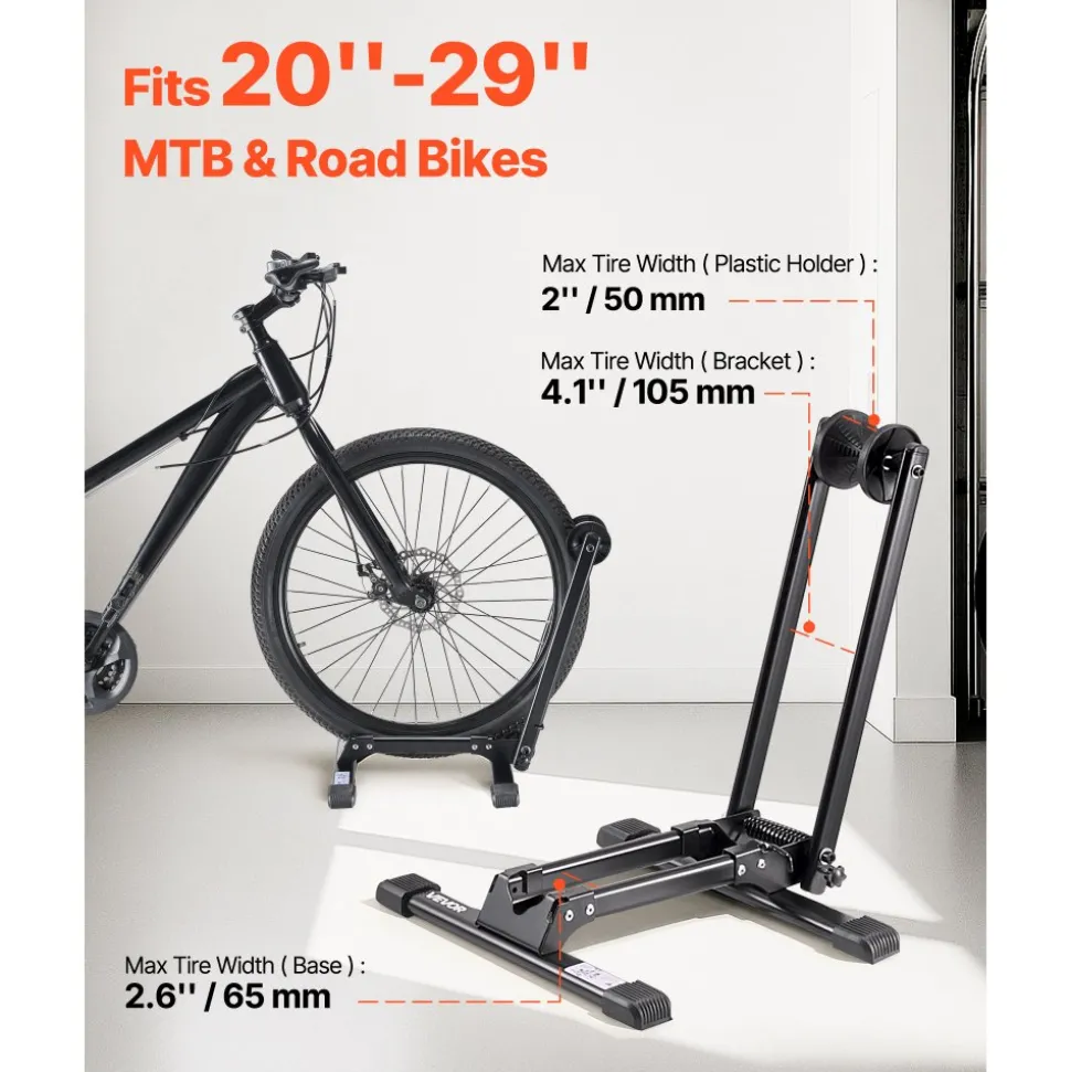VEVOR Bike Rack, Fits 20 to 29 Inch Mountain & Road Bikes, Alloy Steel Rust-Resistant Bike Floor Stand Rack, Foldable Bicycle Stand for Entryway, Garage, Home Bikes Parking & Storage, 1 Pack, Black