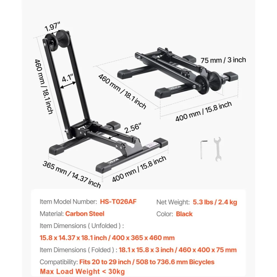 VEVOR Bike Rack, Fits 20 to 29 Inch Mountain & Road Bikes, Alloy Steel Rust-Resistant Bike Floor Stand Rack, Foldable Bicycle Stand for Entryway, Garage, Home Bikes Parking & Storage, 1 Pack, Black