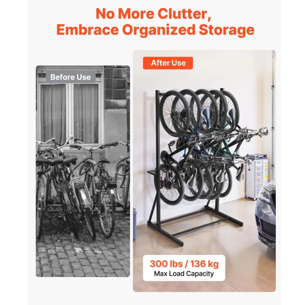 VEVOR Bike Rack, 300LBS/136KG Capacity for up to 5 Bikes, Freestanding Bike Storage Rack, Carbon Steel Vertical Bicycle Stand for Home, Yard, Garage, Living Room, Indoor/Outdoor Bicycle Storage Stand