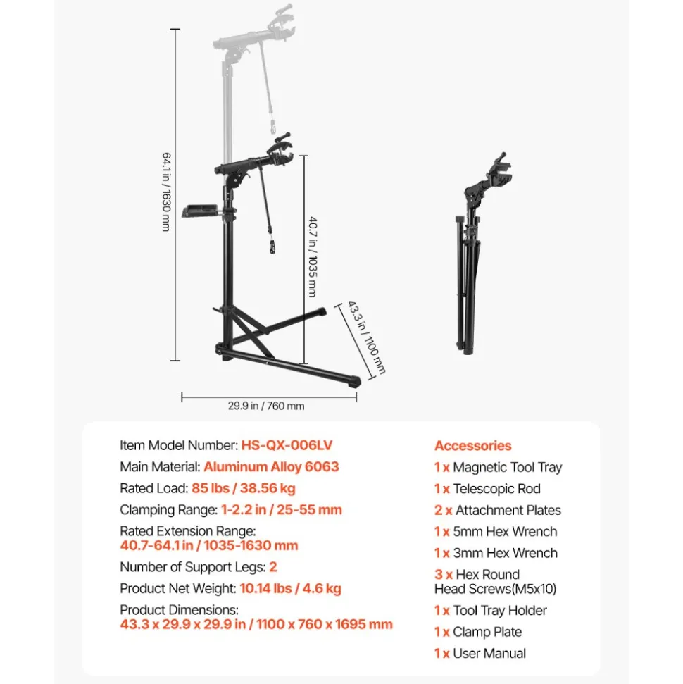 VEVOR Bike Repair Stand, 85 lb Heavy-duty Bicycle Work Stand with 40.7-64.1 in Adjustable Height & Magnetic Tool Tray, Foldable Bicycle Maintenance Rack, Shop Home Mechanics for Mountain & Road Bike
