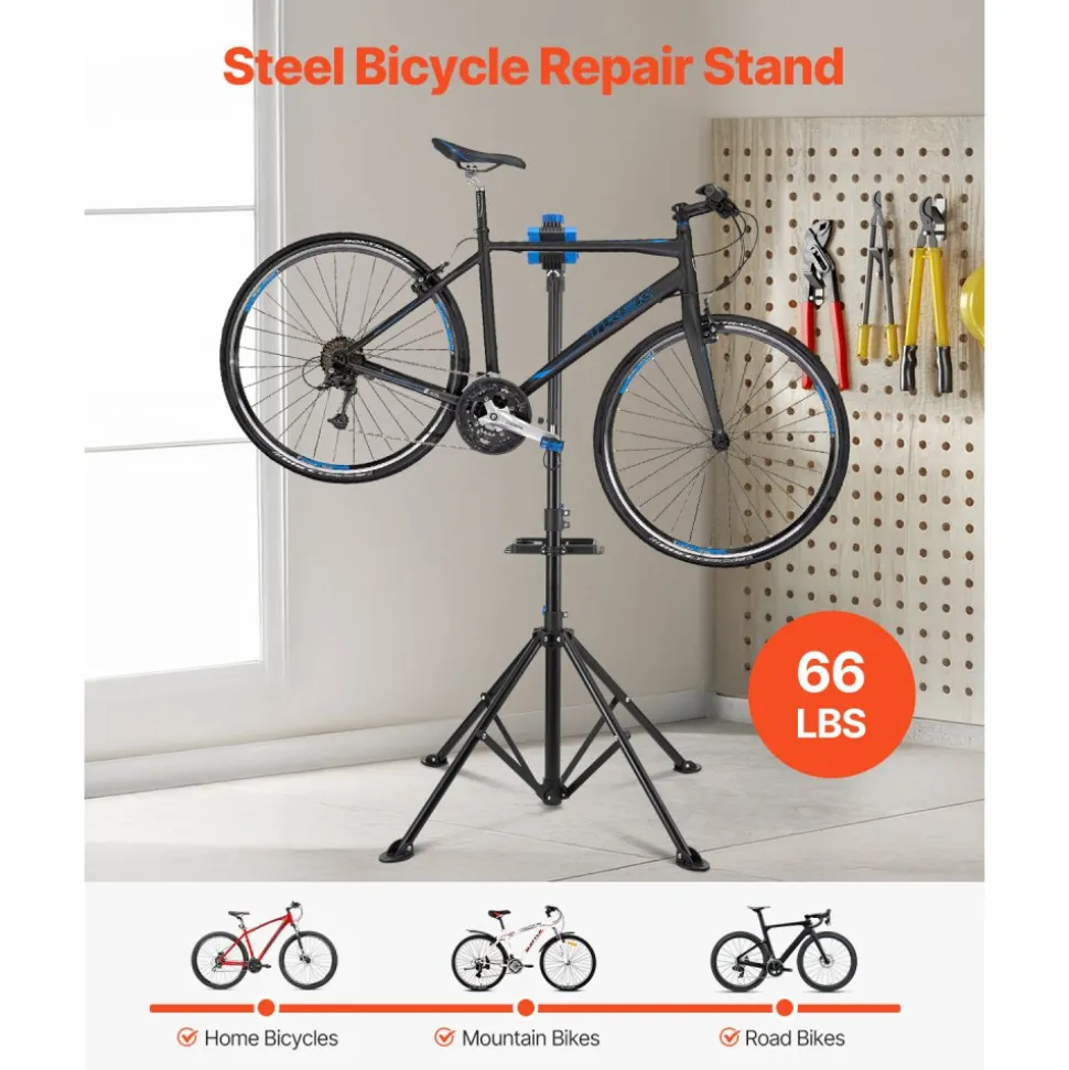 VEVOR Bike Repair Stand, 66 lb Heavy-duty Bicycle Work Stand with 32.8-56.6 in Adjustable Height & Magnetic Tool Tray, Foldable Bicycle Maintenance Rack, Shop Home Mechanics for Mountain & Road Bike