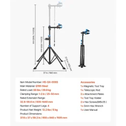 VEVOR Bike Repair Stand, 66 lb Heavy-duty Bicycle Work Stand with 32.8-56.6 in Adjustable Height & Magnetic Tool Tray, Foldable Bicycle Maintenance Rack, Shop Home Mechanics for Mountain & Road Bike