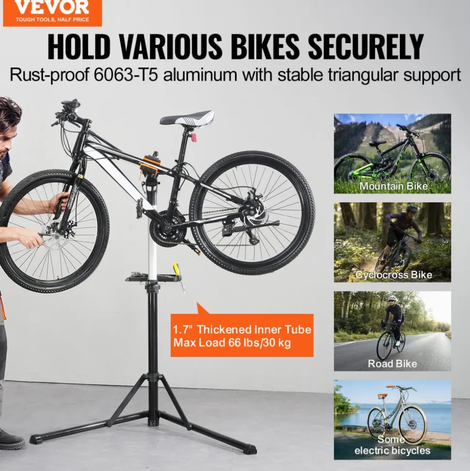 VEVOR Bike Repair Stand, 66 lbs Heavy-duty Aluminum Bicycle Repair Stand, Adjustable Height Bike Maintenance Workstand with Magnetic Tool Tray Telescopic Arm, Foldable Bike Work Stand for Home, Shops