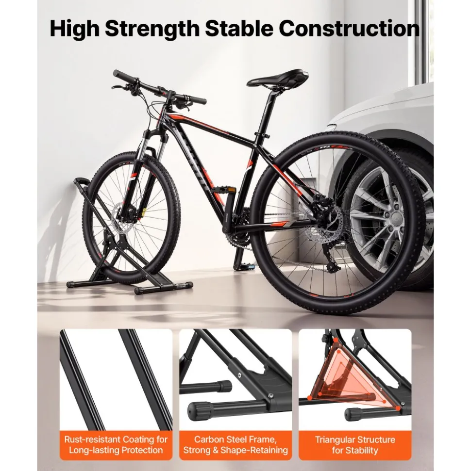 VEVOR Bike Stand, Foldable Freestanding Bike Storage Rack, Carbon Steel Garage Bicycle Floor Stand, Fits 20-29 in Wheel Diameters, Drill-Free Installation, Ideal for Garage, Apartment, Home, Black