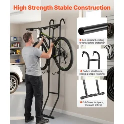 VEVOR Bike Stand for 2 Bikes, Freestanding Vertical Bike Storage Rack, with Height-Adjustable Hooks, Heavy-Duty Carbon Steel Standing Bicycle Floor Stand, Ideal for Garage, Apartment, Home, Black