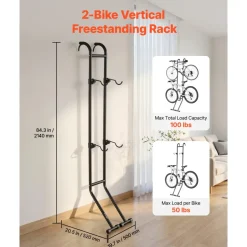 VEVOR Bike Stand for 2 Bikes, Freestanding Vertical Bike Storage Rack, with Height-Adjustable Hooks, Heavy-Duty Carbon Steel Standing Bicycle Floor Stand, Ideal for Garage, Apartment, Home, Black